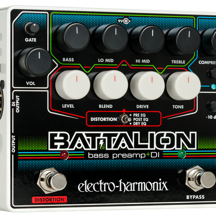 Electro-Harmonix BATTALION Bas Preamp & DI met 4-bands EQ; Mosfet-aandrijving; variabele signaalpaden en Gate